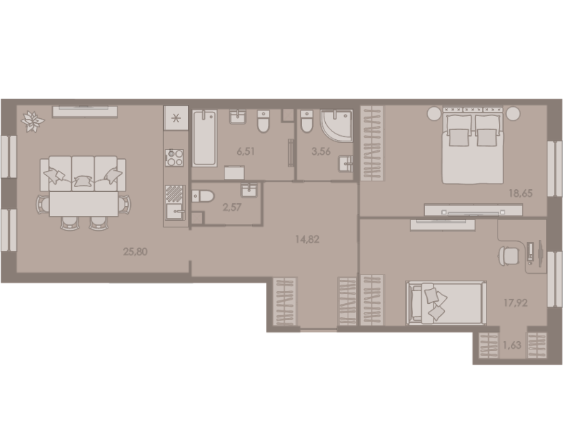 3-комнатная (Евро) квартира, 91.1 м² - планировка, фото №1