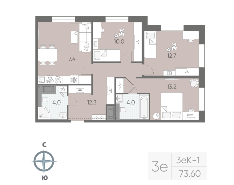 4-комнатная (Евро) квартира, 73.6 м² в ЖК "Большая Охта" - планировка, фото №1