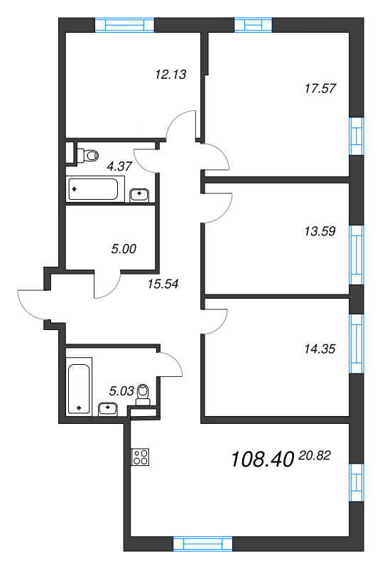 5-комнатная (Евро) квартира, 108.4 м² - планировка, фото №1