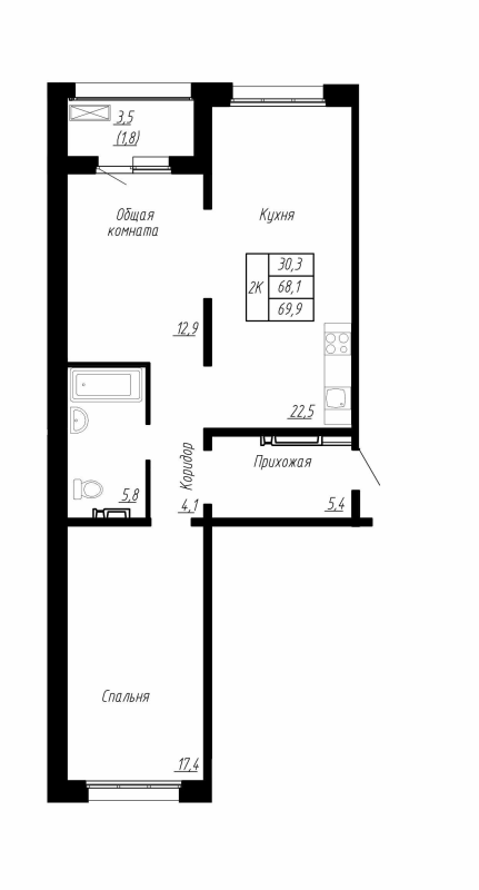 3-комнатная (Евро) квартира, 69.9 м² в ЖК "Сибирь" - планировка, фото №1
