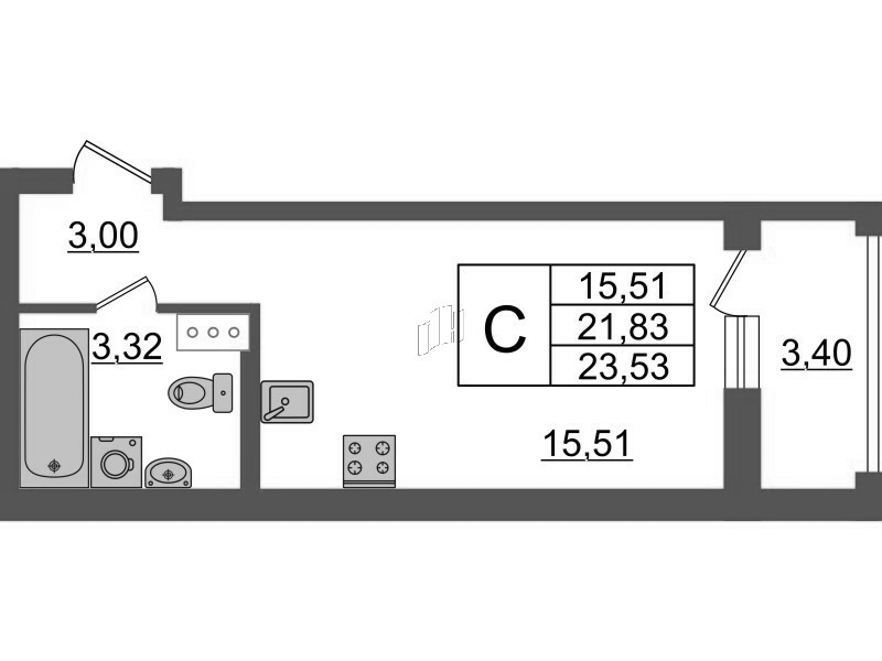 Квартира-студия, 23.53 м² - планировка, фото №1 Квартира-студия, 23.53 м² - планировка, фото №1