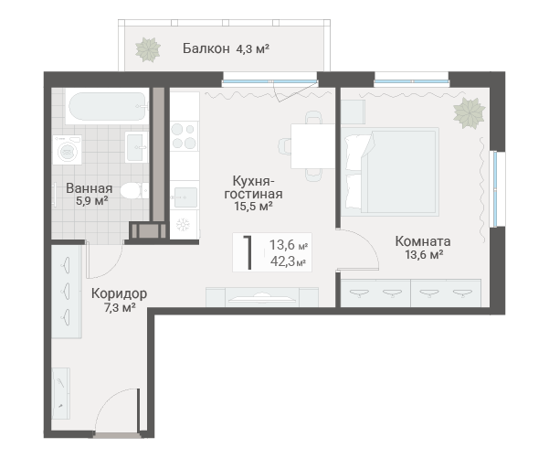 2-комнатная (Евро) квартира, 42.3 м² в ЖК "Руднева 15" - планировка, фото №1