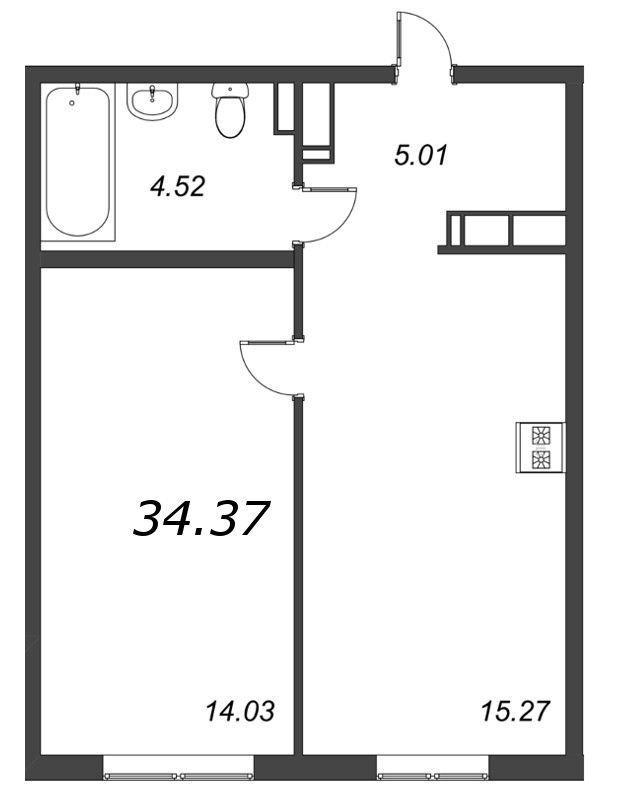 1-комнатная квартира, 34.37 м² - планировка, фото №1