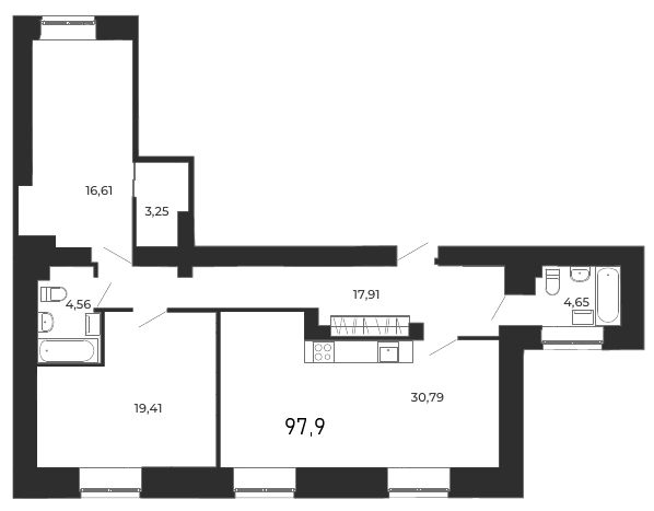 3-комнатная (Евро) квартира, 99.4 м² - планировка, фото №1