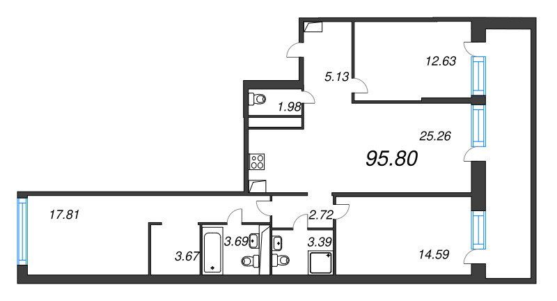 4-комнатная (Евро) квартира, 95.8 м² в ЖК "Avant" - планировка, фото №1