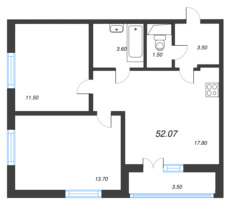 3-комнатная (Евро) квартира, 53 м² в ЖК "Аэросити" - планировка, фото №1