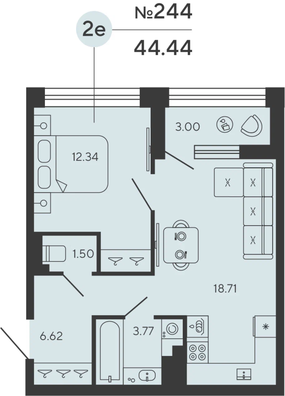 2-комнатная (Евро) квартира, 44.44 м² - планировка, фото №1