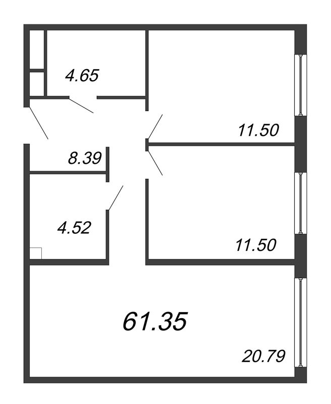 3-комнатная (Евро) квартира, 61.35 м² - планировка, фото №1