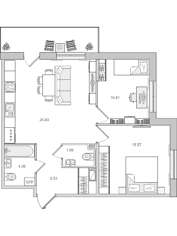 3-комнатная (Евро) квартира, 70.25 м² в ЖК "Город Первых" - планировка, фото №1