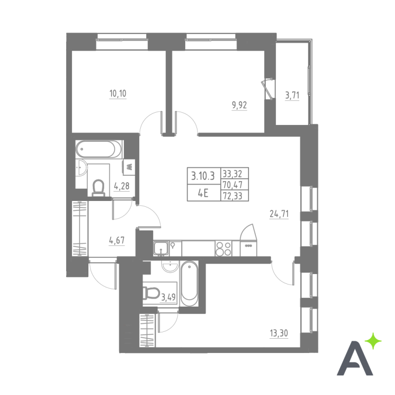4-комнатная (Евро) квартира, 72.33 м² в ЖК "Аквилон Solar" - планировка, фото №1