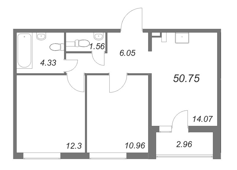 2-комнатная квартира, 50.75 м² в ЖК "Расцветай в Янино" - планировка, фото №1