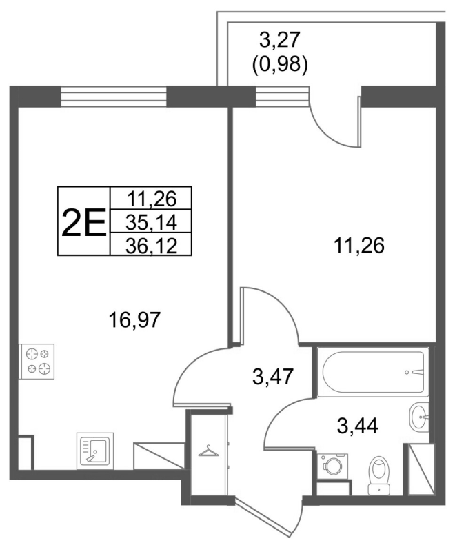 2-комнатная (Евро) квартира, 36.12 м² в ЖК "Лето" - планировка, фото №1