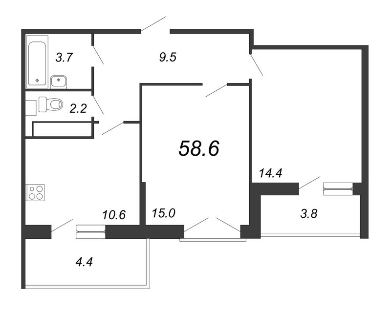 2-комнатная квартира, 59.8 м² - планировка, фото №1