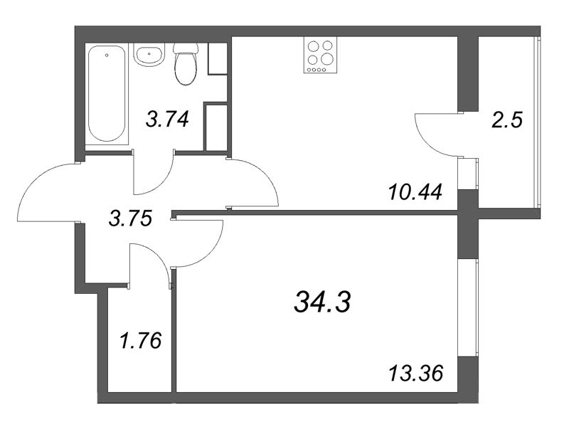 1-комнатная квартира, 34.3 м² в ЖК "Кинопарк" - планировка, фото №1
