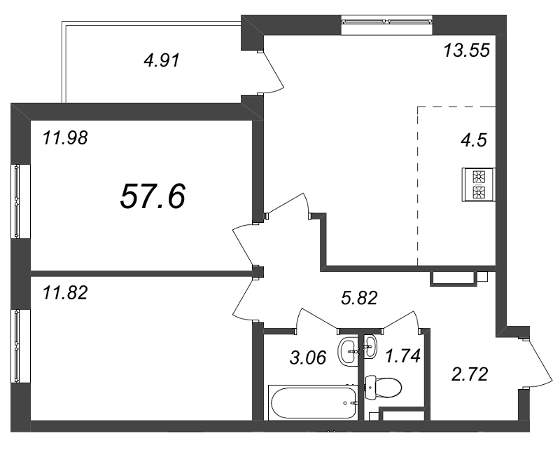 3-комнатная (Евро) квартира, 60.07 м² - планировка, фото №1