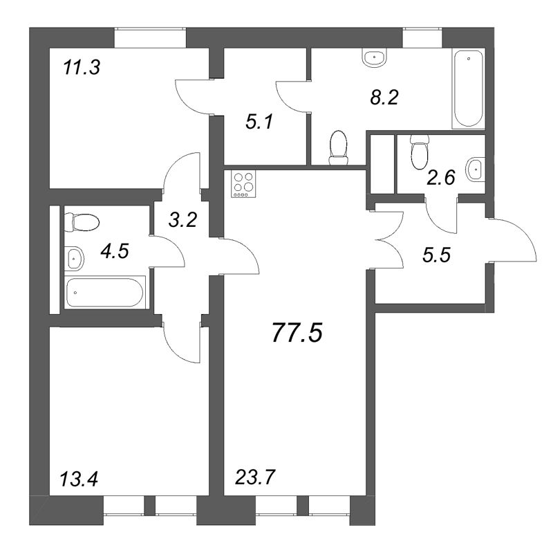 3-комнатная (Евро) квартира, 77.5 м² в ЖК "Коллекционер" - планировка, фото №1