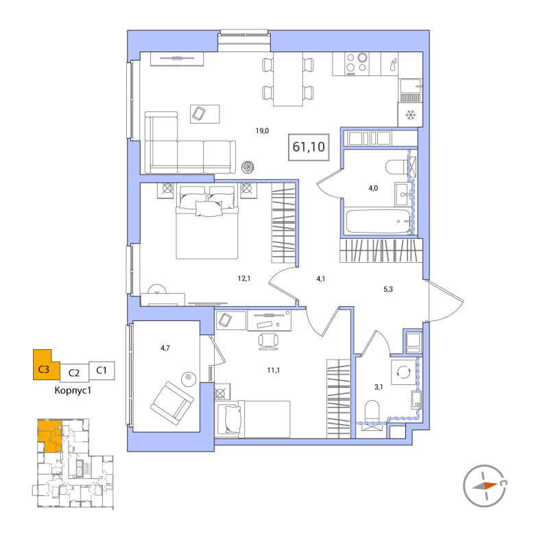 3-комнатная (Евро) квартира, 61.1 м² - планировка, фото №1