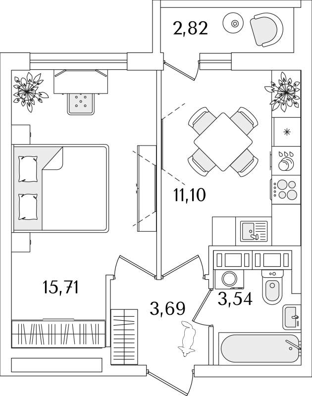 1-комнатная квартира, 35.45 м² в ЖК "Лайнеръ" - планировка, фото №1