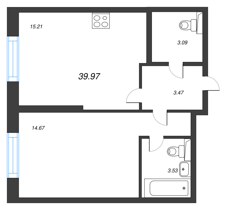 2-комнатная (Евро) квартира, 39.97 м² в ЖК "Цивилизация на неве" - планировка, фото №1