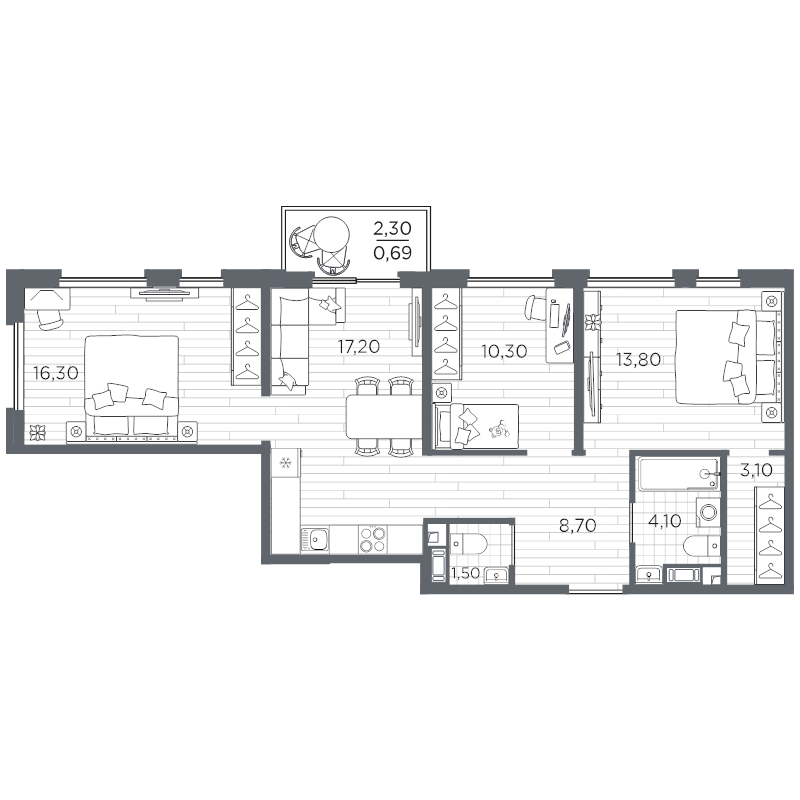 4-комнатная (Евро) квартира, 75.69 м² в ЖК "PLUS Пулковский" - планировка, фото №1