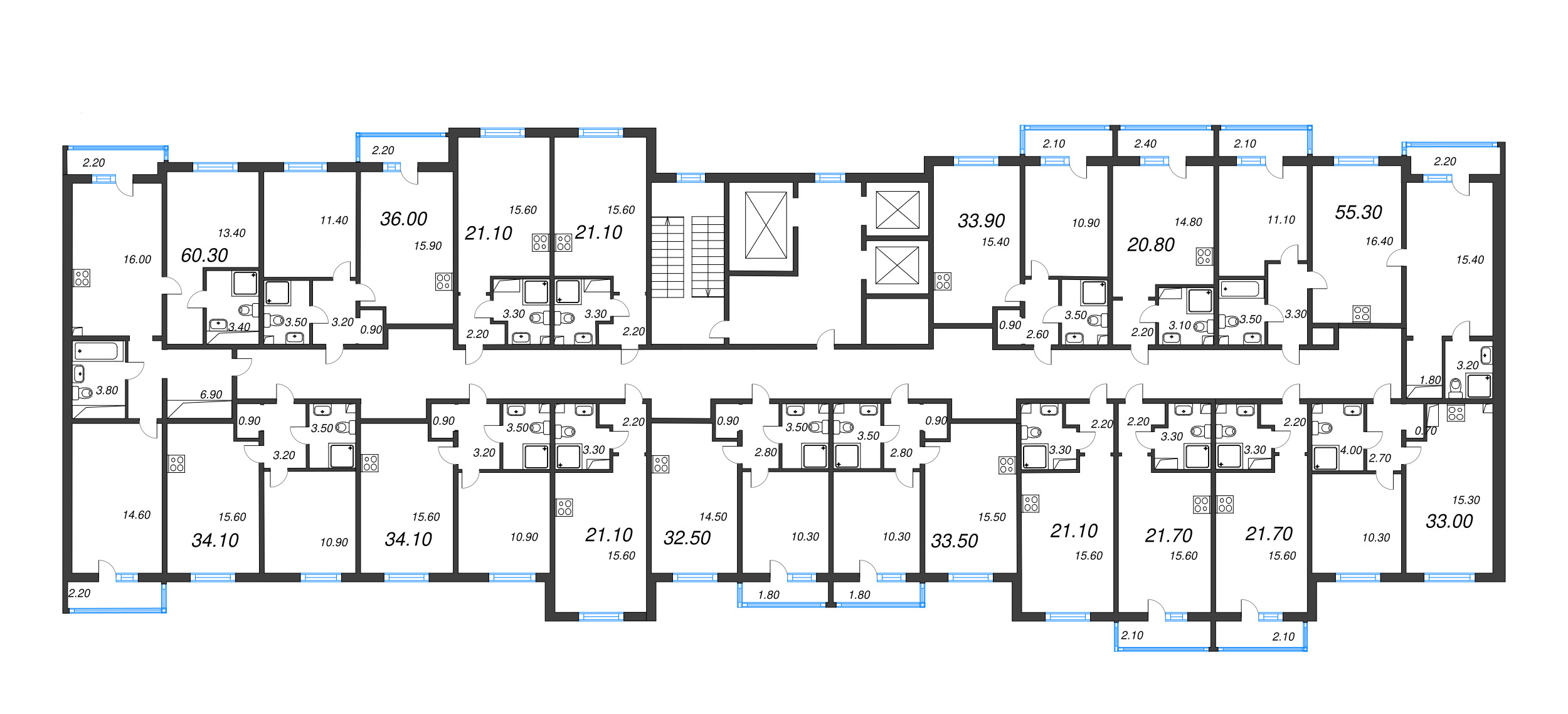 3-комнатная (Евро) квартира, 60.3 м² в ЖК "Дыбенко Парк" - планировка этажа
