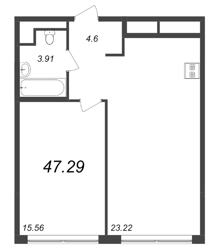 2-комнатная (Евро) квартира, 47.29 м² - планировка, фото №1