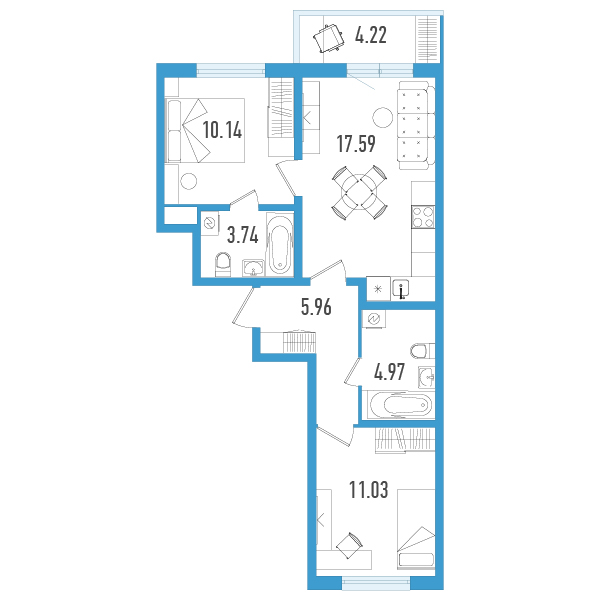 3-комнатная (Евро) квартира, 54.7 м² в ЖК "AEROCITY" - планировка, фото №1