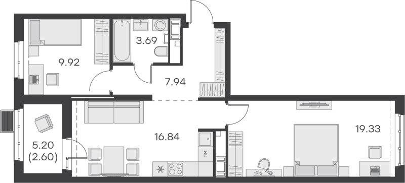 3-комнатная (Евро) квартира, 60.32 м² - планировка, фото №1