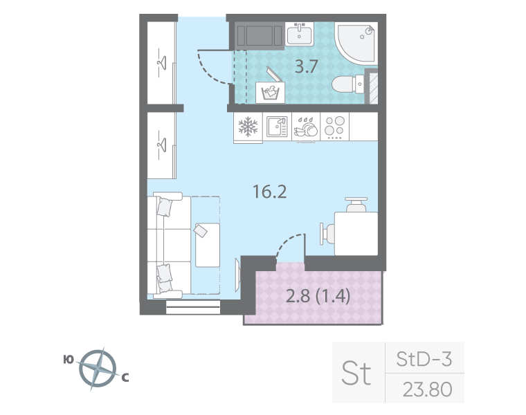 Квартира-студия, 23.8 м² в ЖК "Цветной город" - планировка, фото №1
