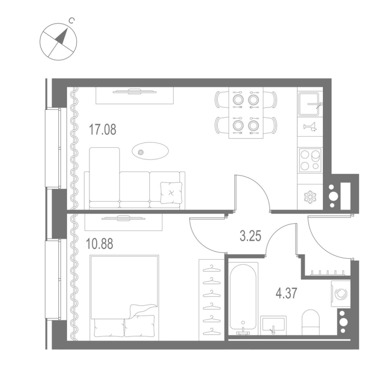 2-комнатная (Евро) квартира, 35.58 м² в ЖК "Остров Первых" - планировка, фото №1