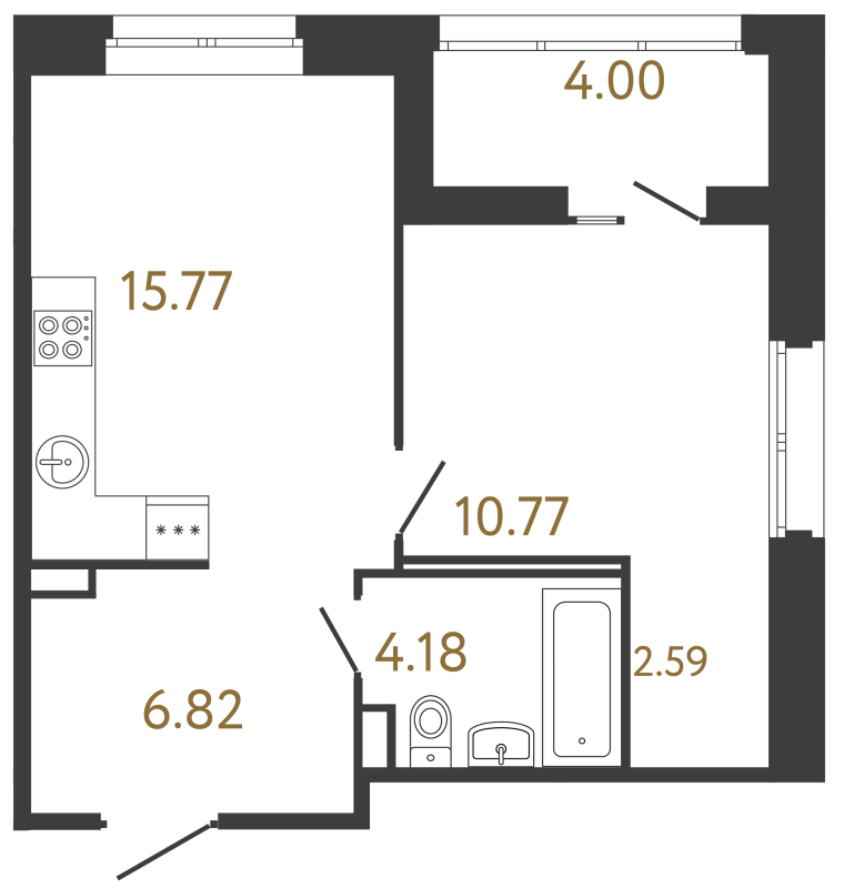 2-комнатная (Евро) квартира, 40.13 м² - планировка, фото №1