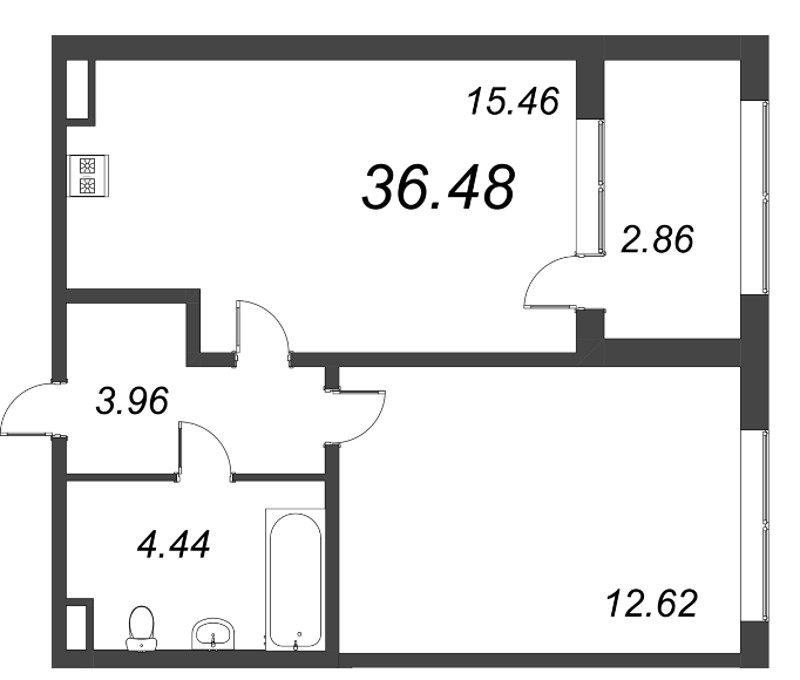 2-комнатная (Евро) квартира, 36.48 м² - планировка, фото №1
