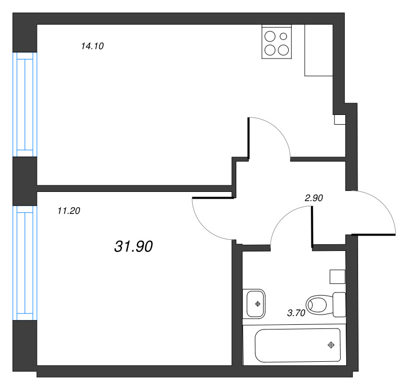 1-комнатная квартира, 31.9 м² - планировка, фото №1
