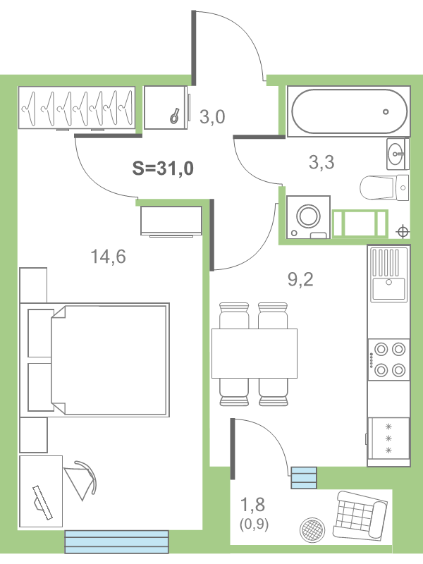 1-комнатная квартира, 31.6 м² в ЖК "Дуэт" - планировка, фото №1