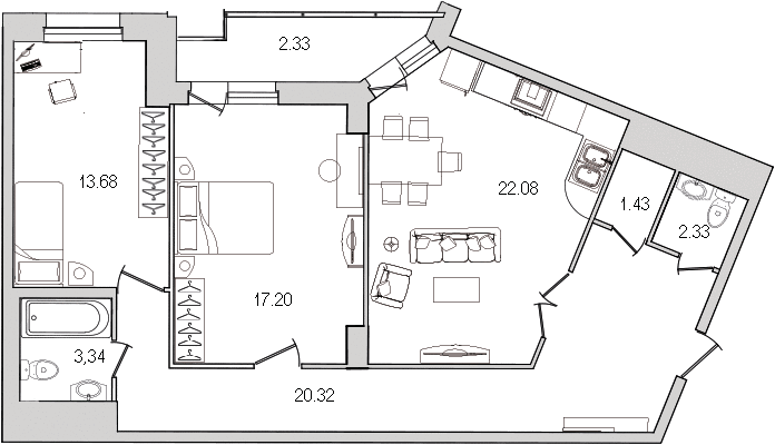3-комнатная (Евро) квартира, 83.5 м² - планировка, фото №1