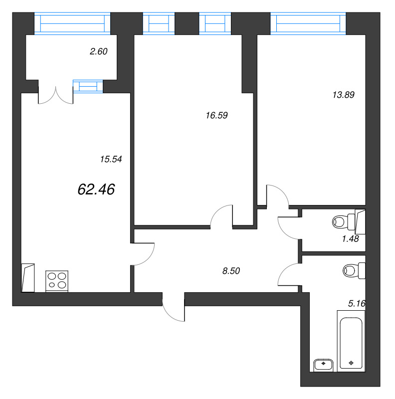 2-комнатная квартира, 62.46 м² - планировка, фото №1