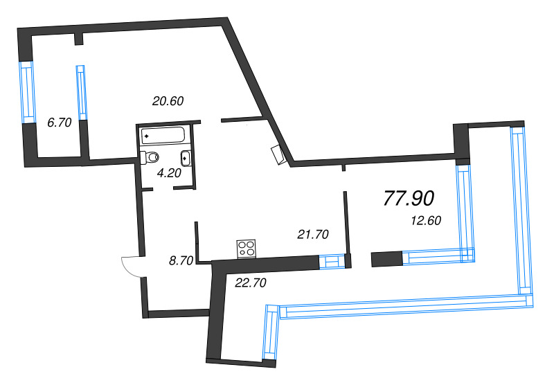 3-комнатная (Евро) квартира, 77.9 м² в ЖК "ЛДМ" - планировка, фото №1