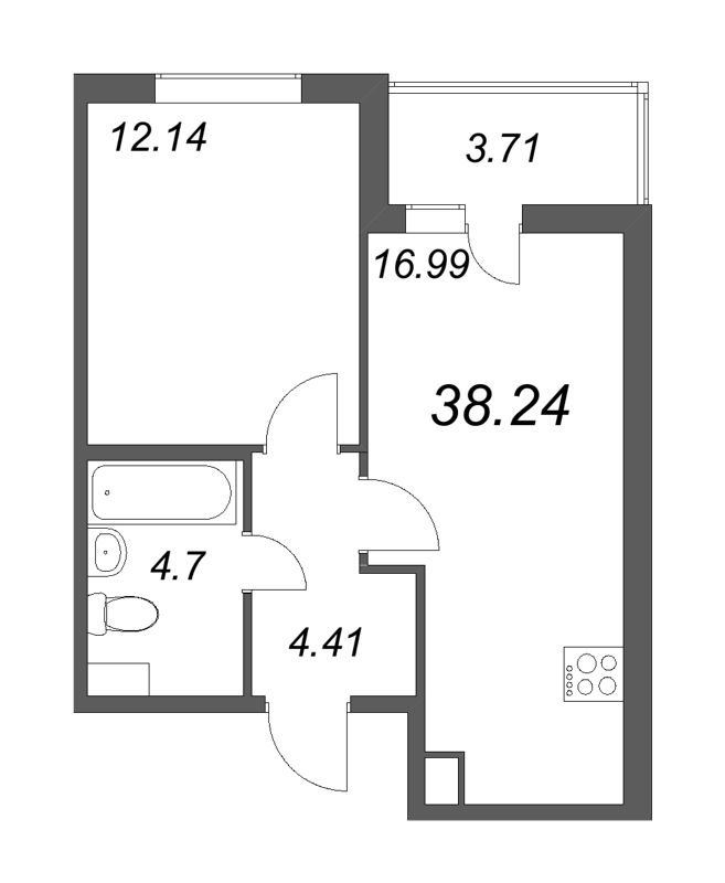2-комнатная (Евро) квартира, 38.24 м² в ЖК "Ясно.Янино" - планировка, фото №1