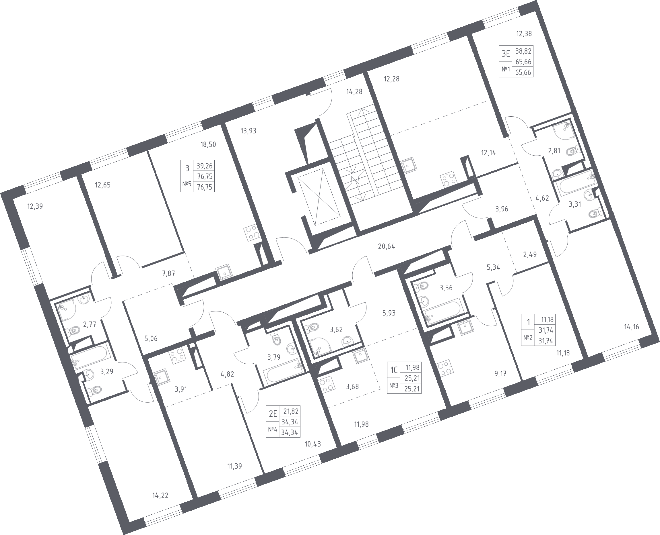 4-комнатная (Евро) квартира, 76.75 м² - планировка этажа