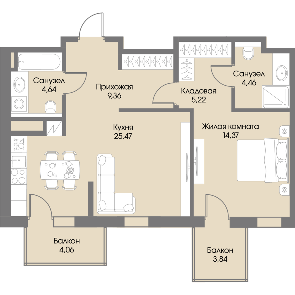 2-комнатная (Евро) квартира, 65.89 м² в ЖК "Рощино Residence" - планировка, фото №1