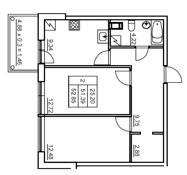 2-комнатная квартира, 53.23 м² - планировка, фото №1