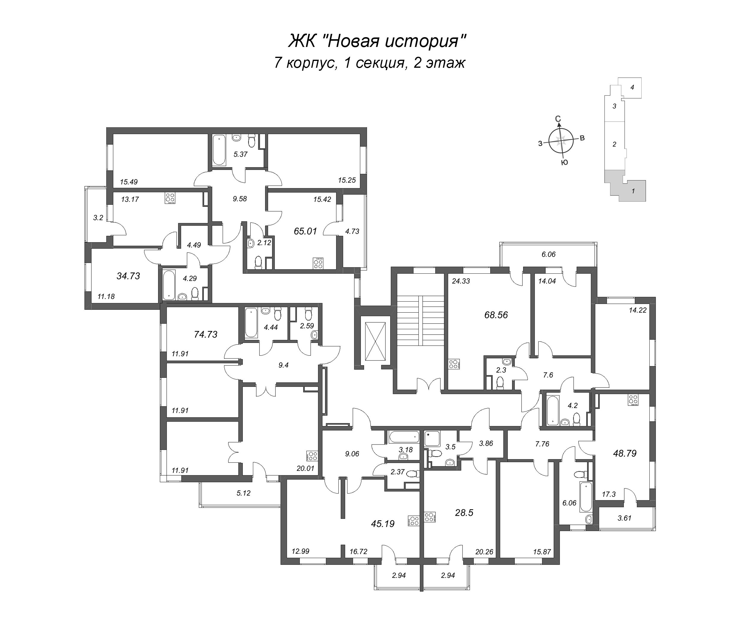 3-комнатная (Евро) квартира, 65.01 м² - планировка этажа