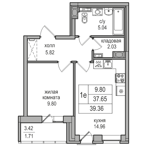 2-комнатная (Евро) квартира, 38.9 м² в ЖК "Северная Долина" - планировка, фото №1