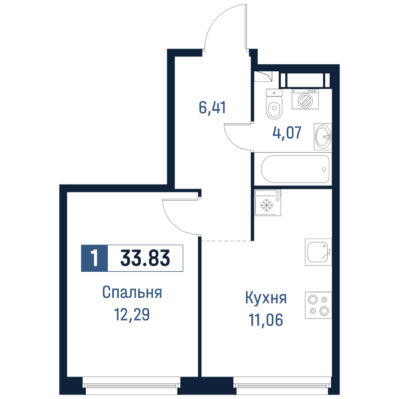 1-комнатная квартира, 33.83 м² в ЖК "Максималист" - планировка, фото №1