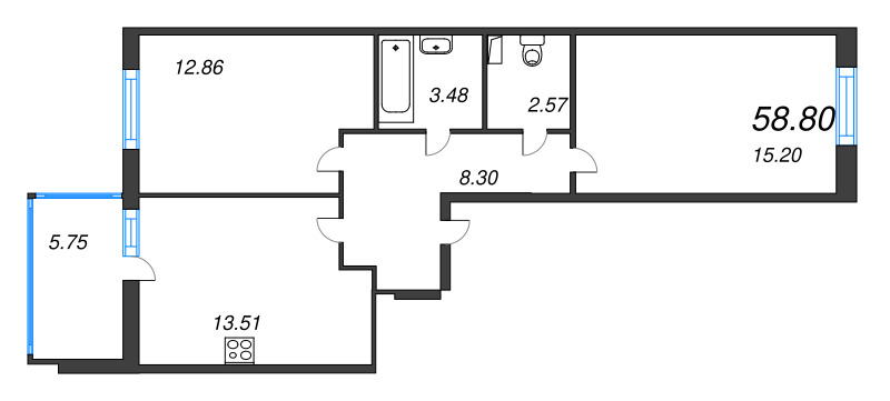 2-комнатная квартира, 58.8 м² - планировка, фото №1