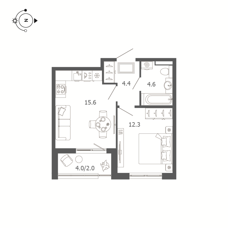 2-комнатная (Евро) квартира, 38.9 м² в ЖК "Пулковский дом" - планировка, фото №1