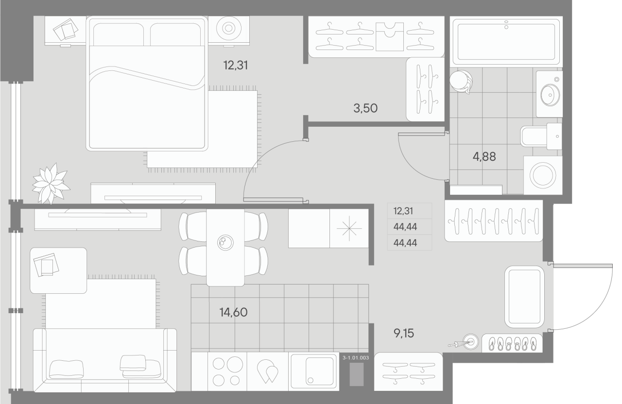 2-комнатная (Евро) квартира, 44.21 м² в ЖК "Avant" - планировка, фото №1