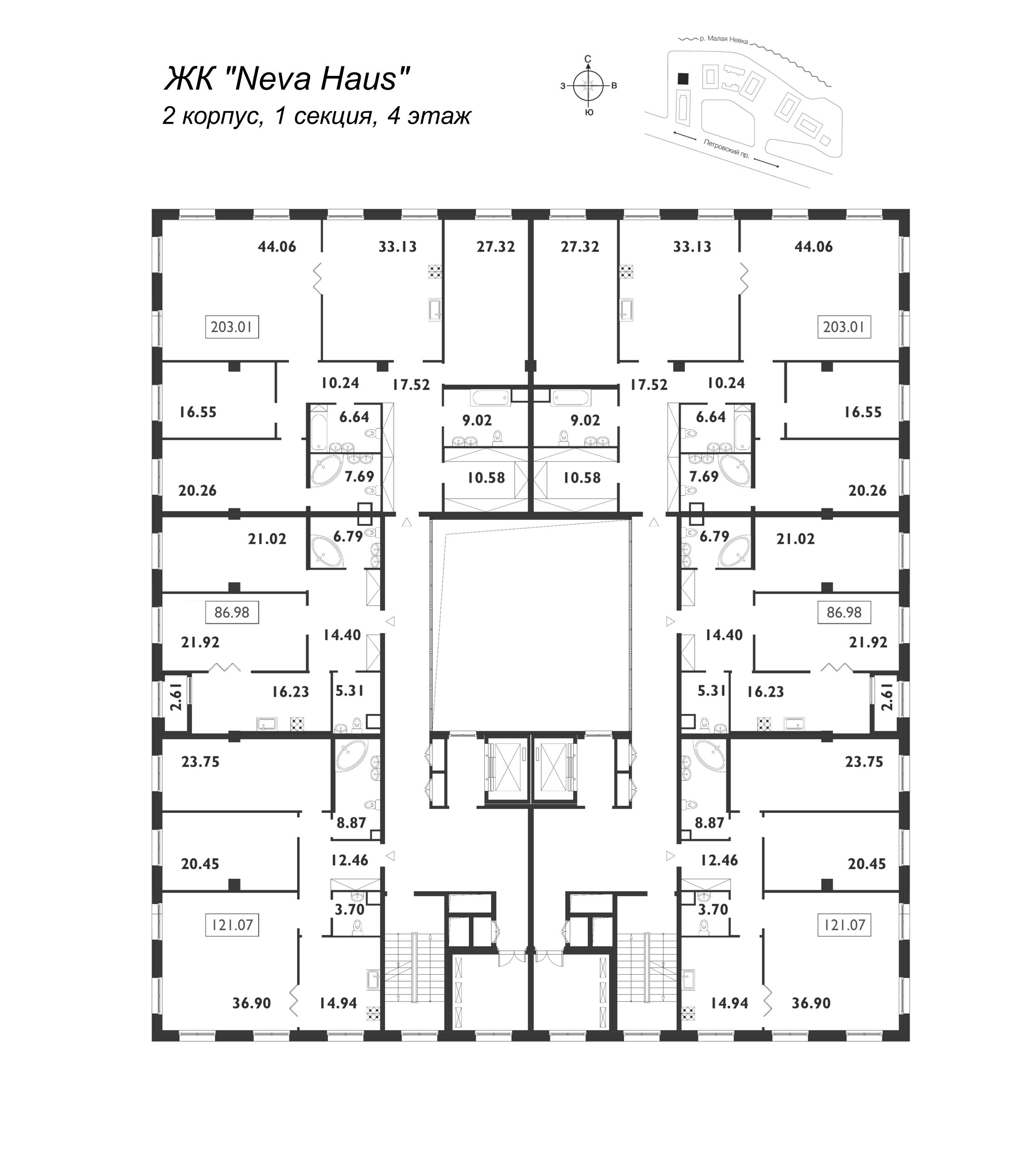3-комнатная квартира, 121.2 м² - планировка этажа