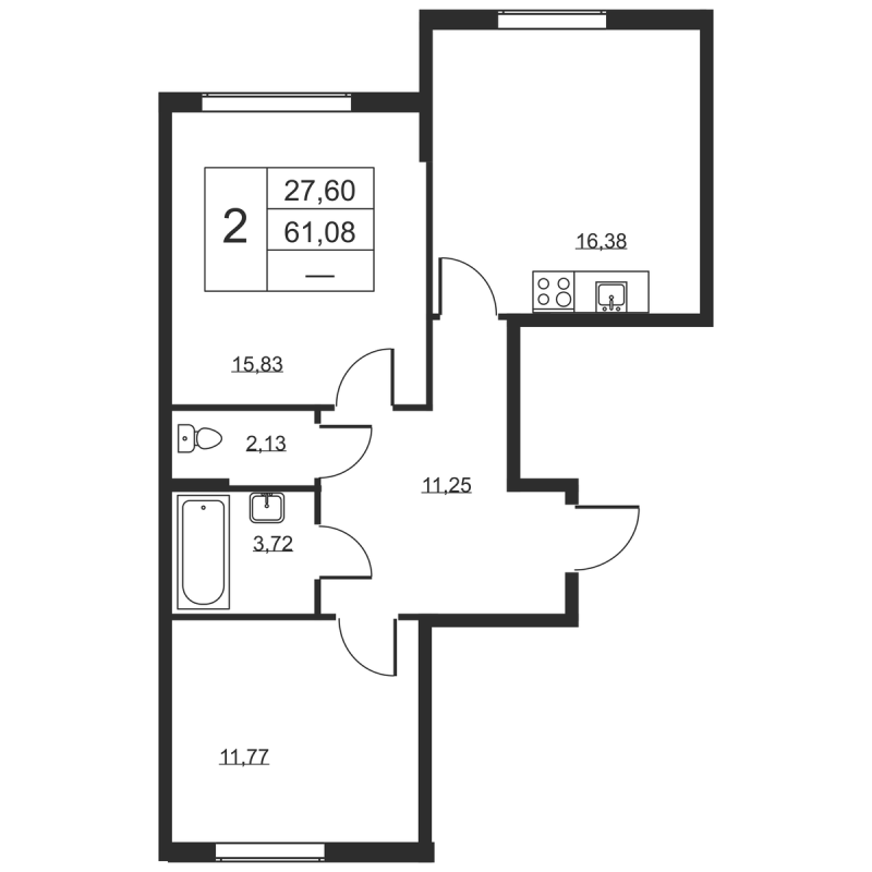 3-комнатная (Евро) квартира, 61.08 м² в ЖК "Высота" - планировка, фото №1