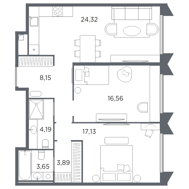 3-комнатная (Евро) квартира, 77.89 м² в ЖК "Акватория" - планировка, фото №1